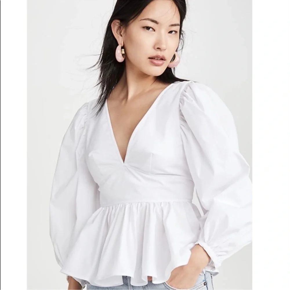 STAUD White V-Neck Peplum Puff Sleeve Blouse